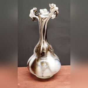 Opaline White Swirl Glass Bud Vase Ruffled Rim Empoli